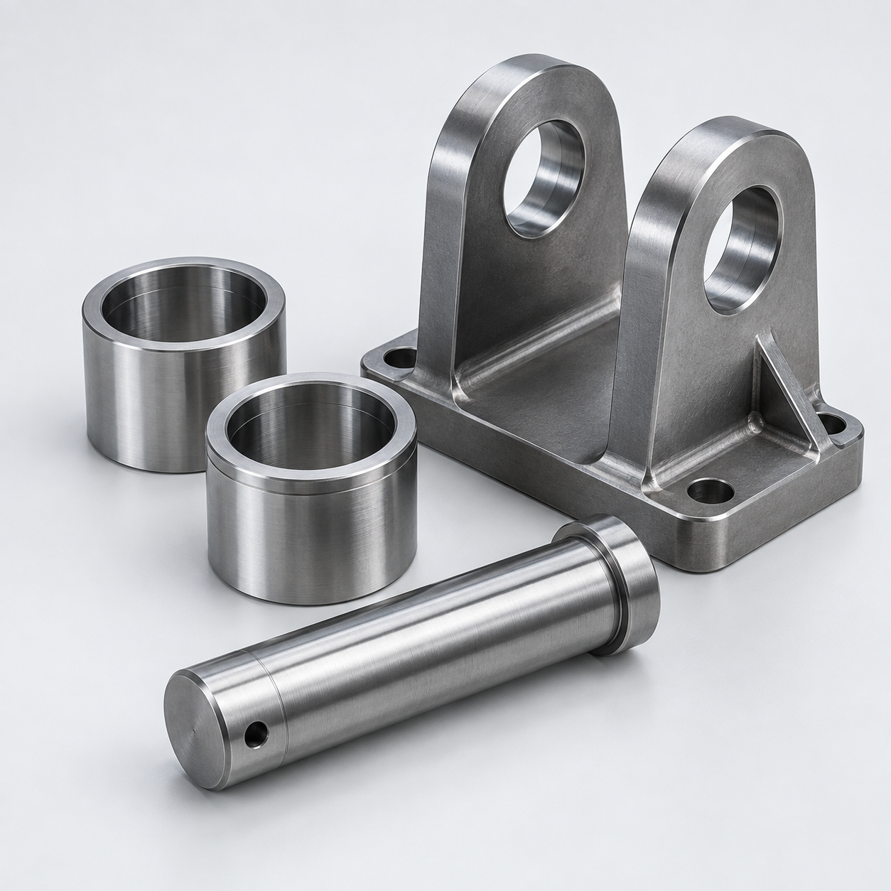 Illustrative crane pivot pin, bushes and mounting bracket