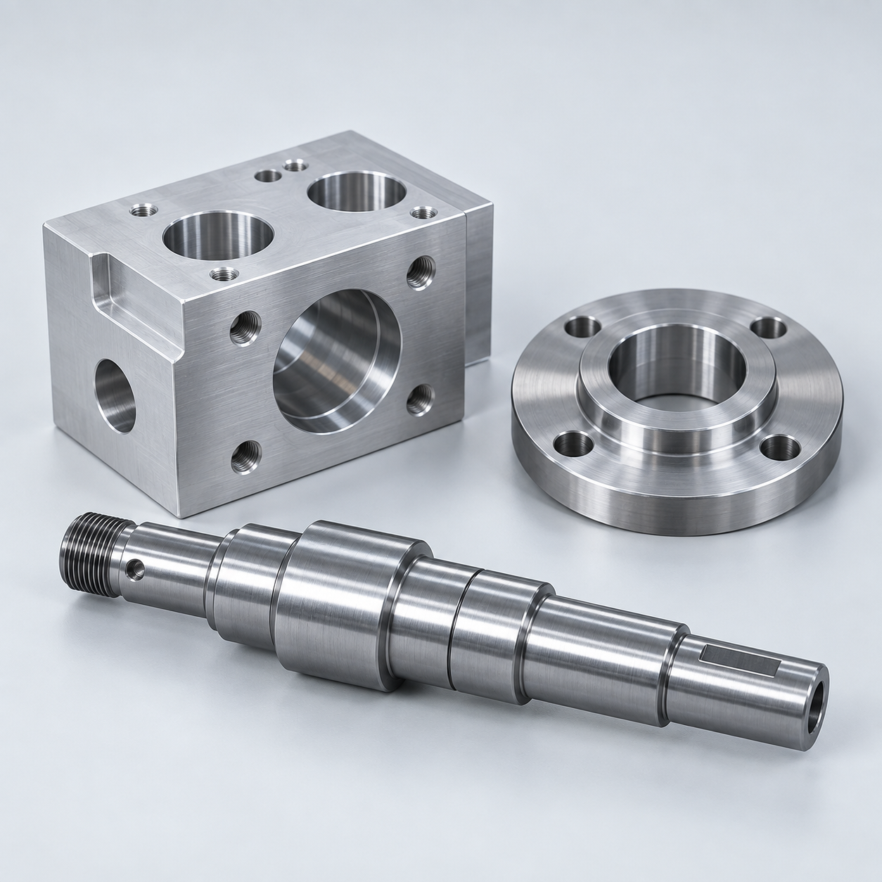 Illustrative CNC machined shaft, block and flange